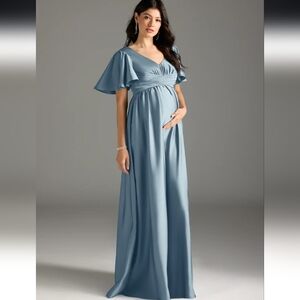 AZAZIE Verna A-Line V-Neck Ruched Chiffon Floor-Length Dress dusty blue 💙